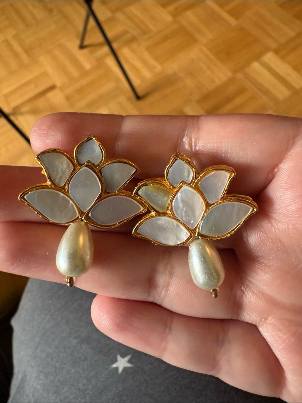 Traditional Gold Lotus-shaped Earrings with white mother-of-pearl